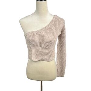 Steve Madden Asymmetrical One-shoulder Ribbed Knit Beige Crop Sweater S